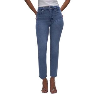 Good American Good Legs Straight Raw Hem Jeans Distressed High Rise